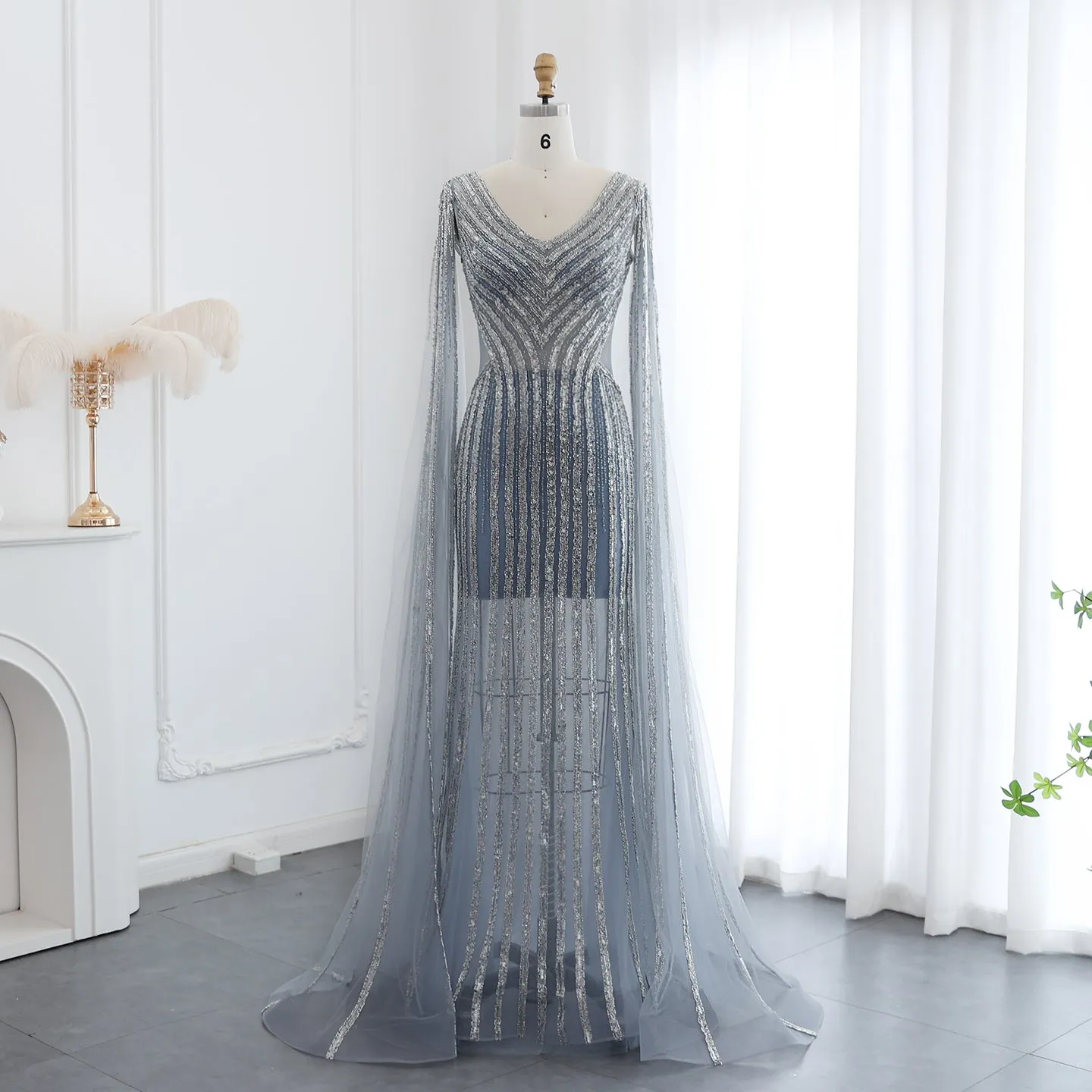Luxury Beaded Blue Evening Dress with Cape Sleeves SS251