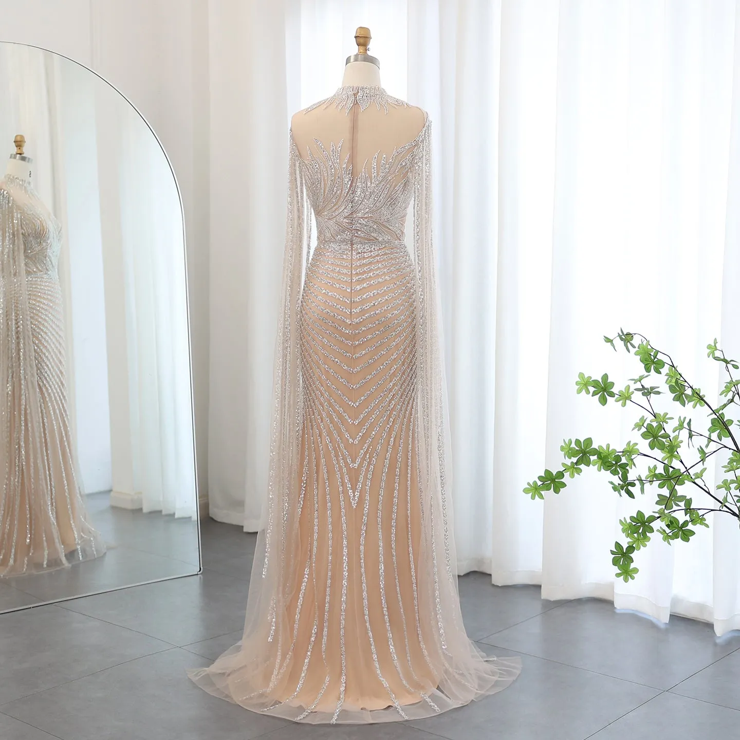 Luxury Caramel Evening Dress with Cape Sleeves SS412