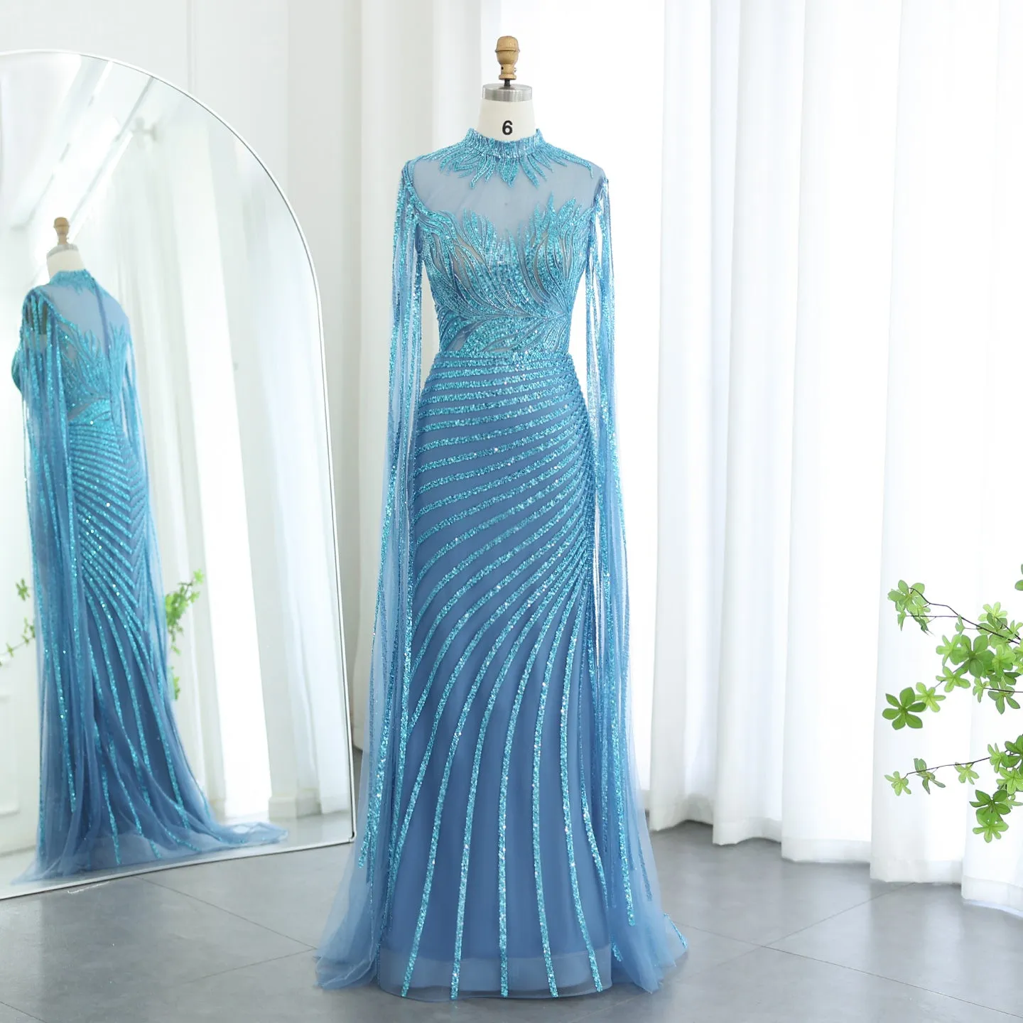 Luxury Caramel Evening Dress with Cape Sleeves SS412