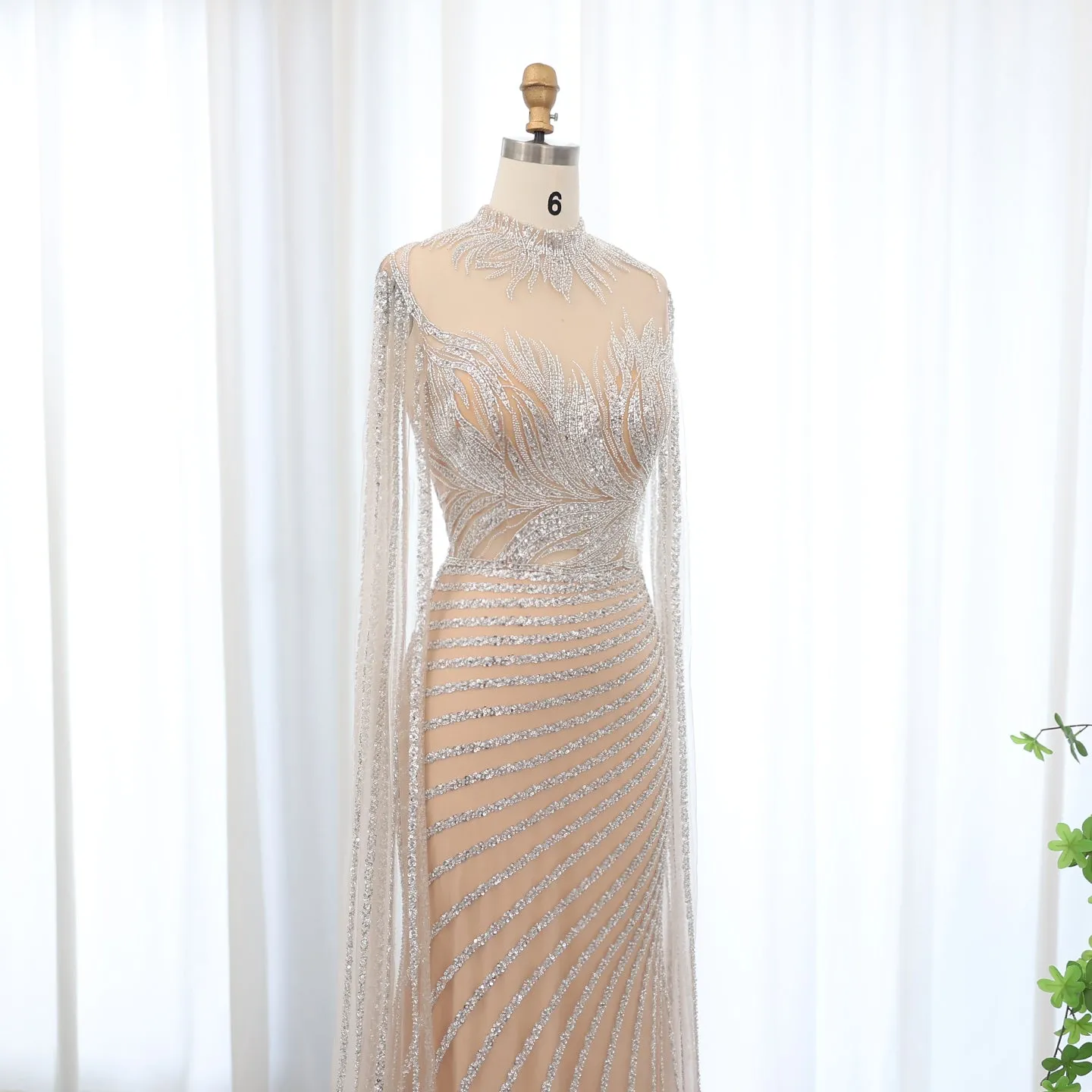 Luxury Caramel Evening Dress with Cape Sleeves SS412