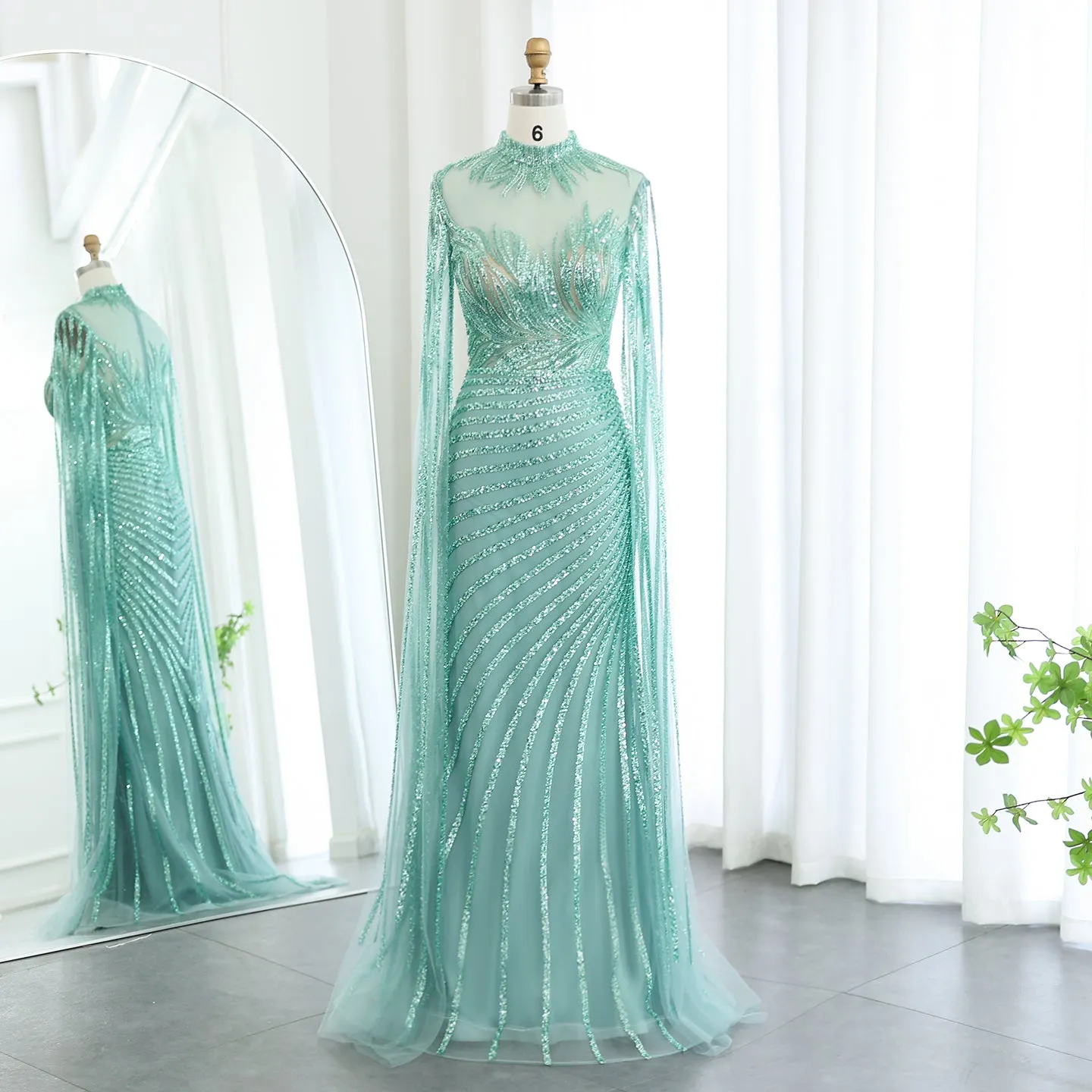 Luxury Caramel Evening Dress with Cape Sleeves SS412