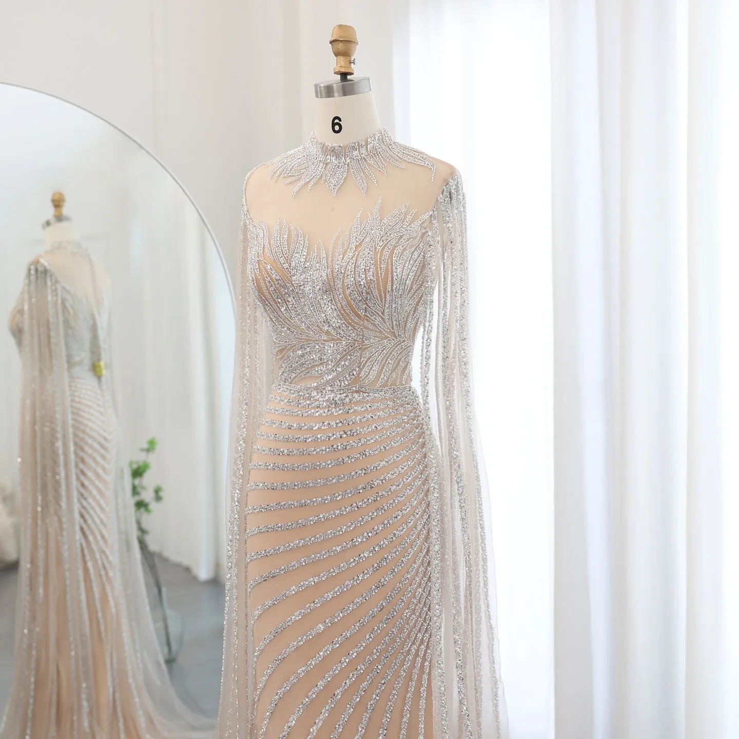 Luxury Caramel Evening Dress with Cape Sleeves SS412