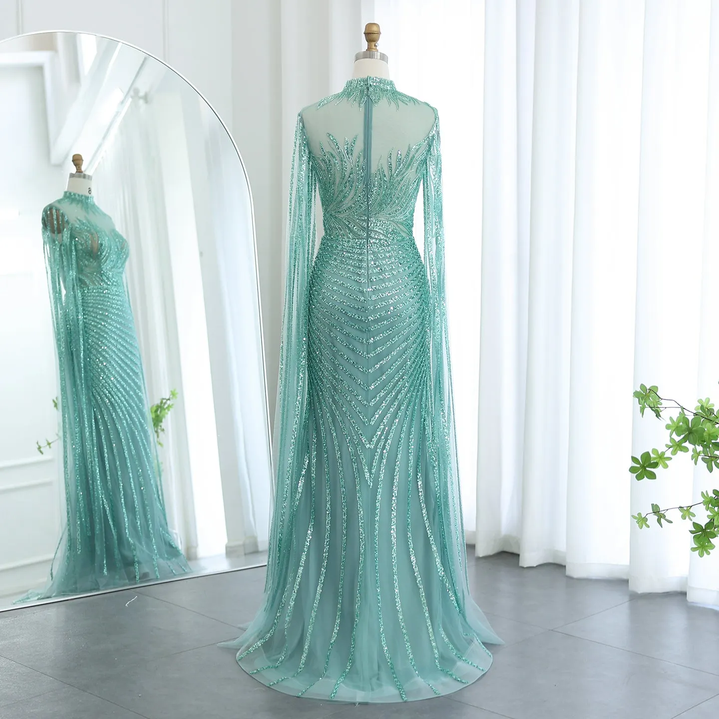 Luxury Caramel Evening Dress with Cape Sleeves SS412