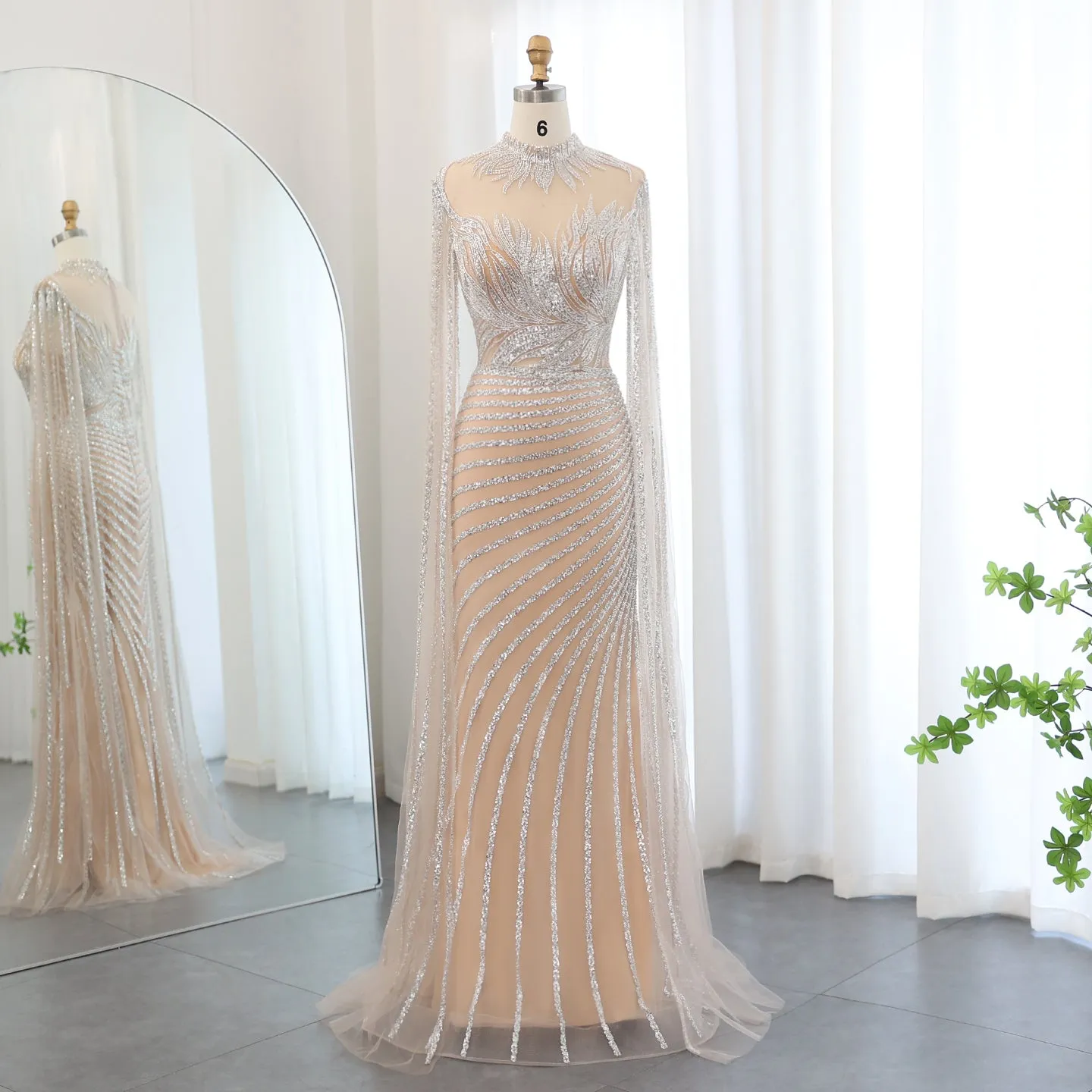 Luxury Caramel Evening Dress with Cape Sleeves SS412