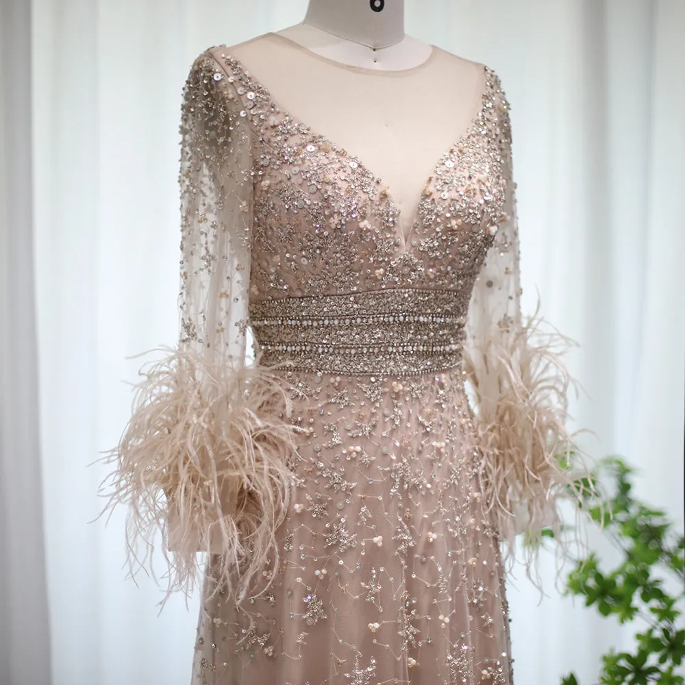 Luxury Champagne Feathers Long Sleeves Evening Dress SS101
