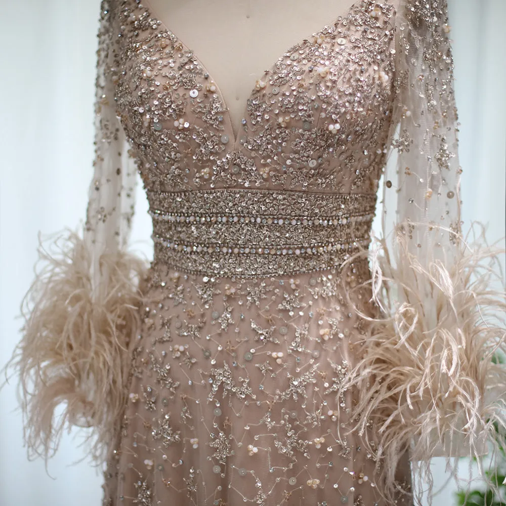 Luxury Champagne Feathers Long Sleeves Evening Dress SS101