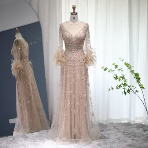 Luxury Champagne Feathers Long Sleeves Evening Dress SS101