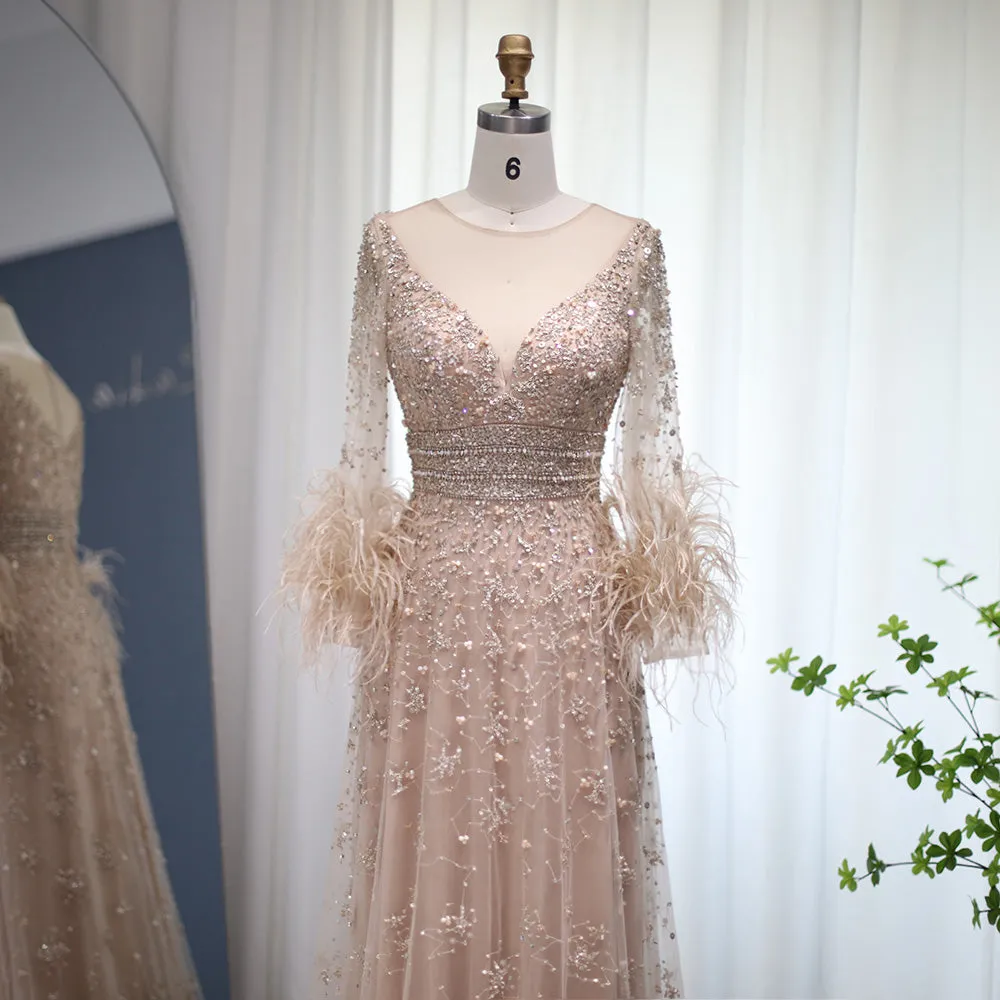 Luxury Champagne Feathers Long Sleeves Evening Dress SS101