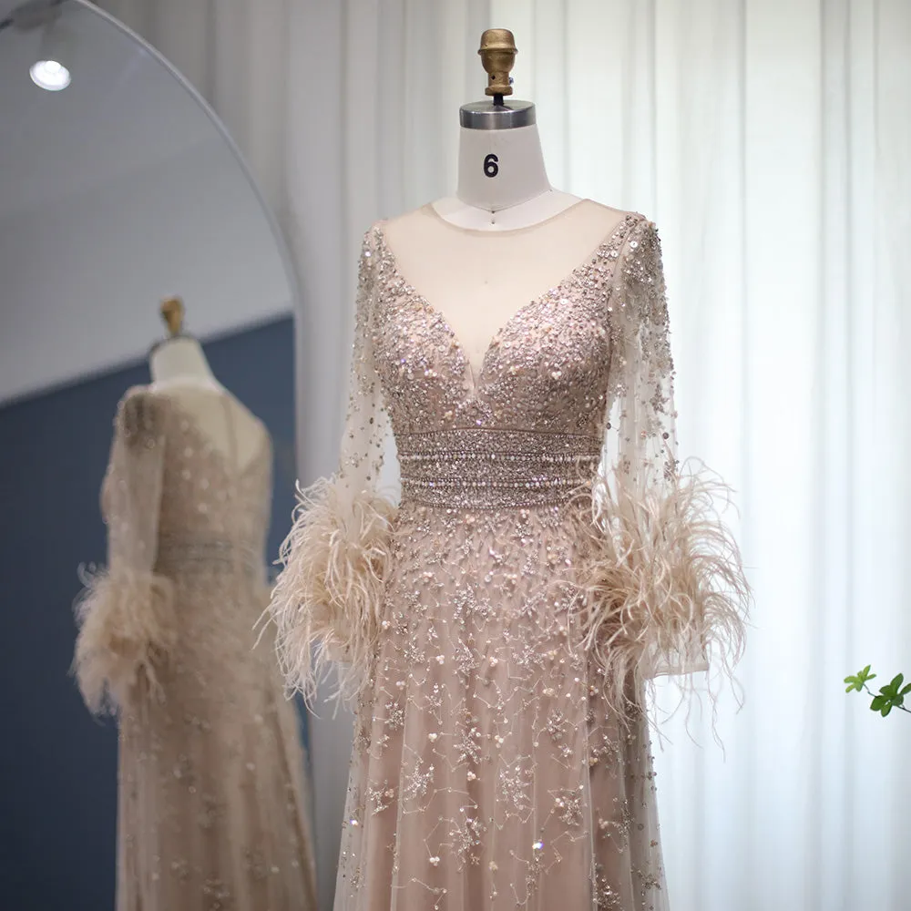 Luxury Champagne Feathers Long Sleeves Evening Dress SS101