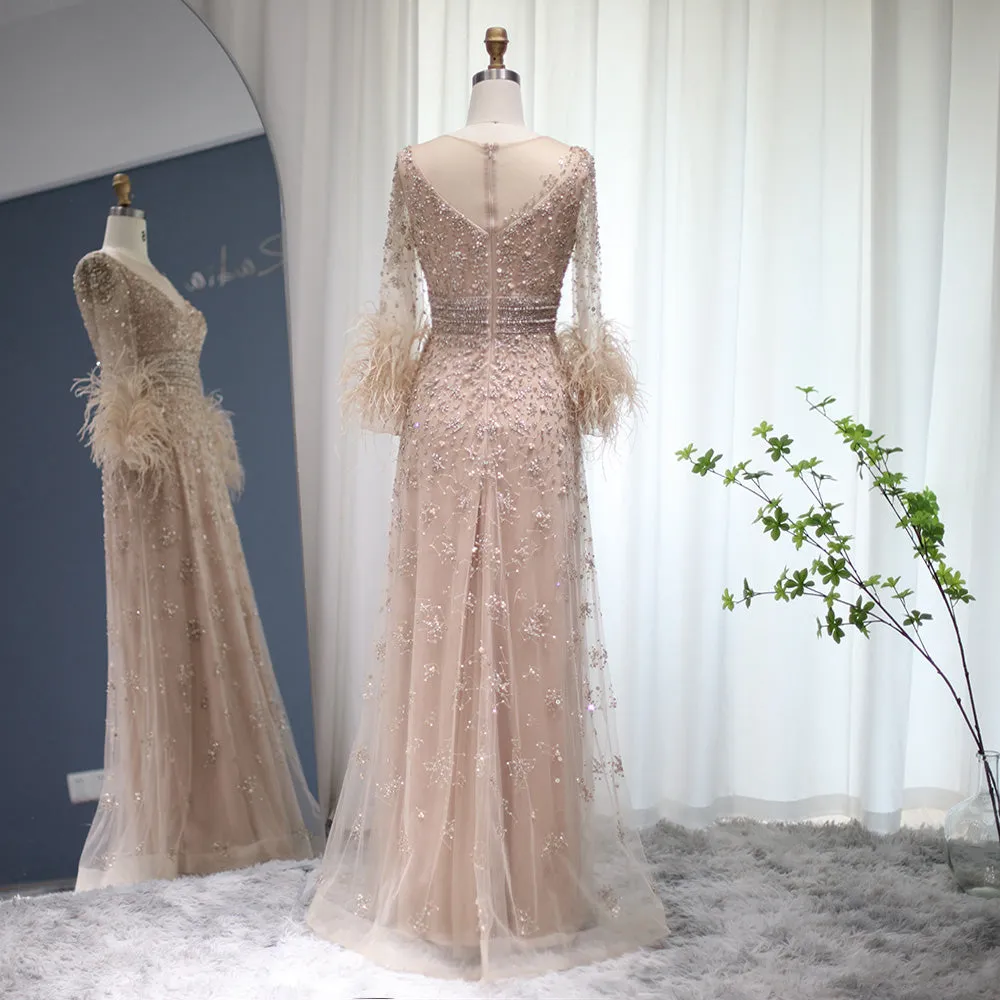 Luxury Champagne Feathers Long Sleeves Evening Dress SS101