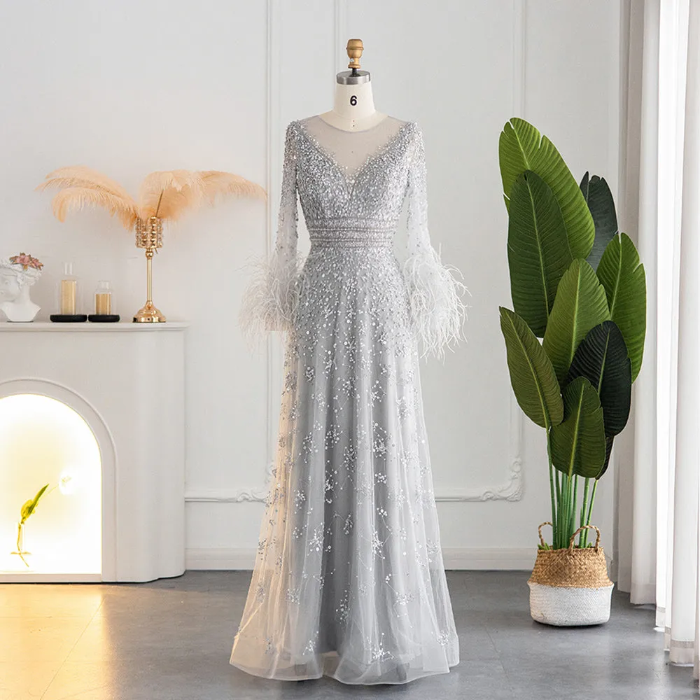 Luxury Champagne Feathers Long Sleeves Evening Dress SS101