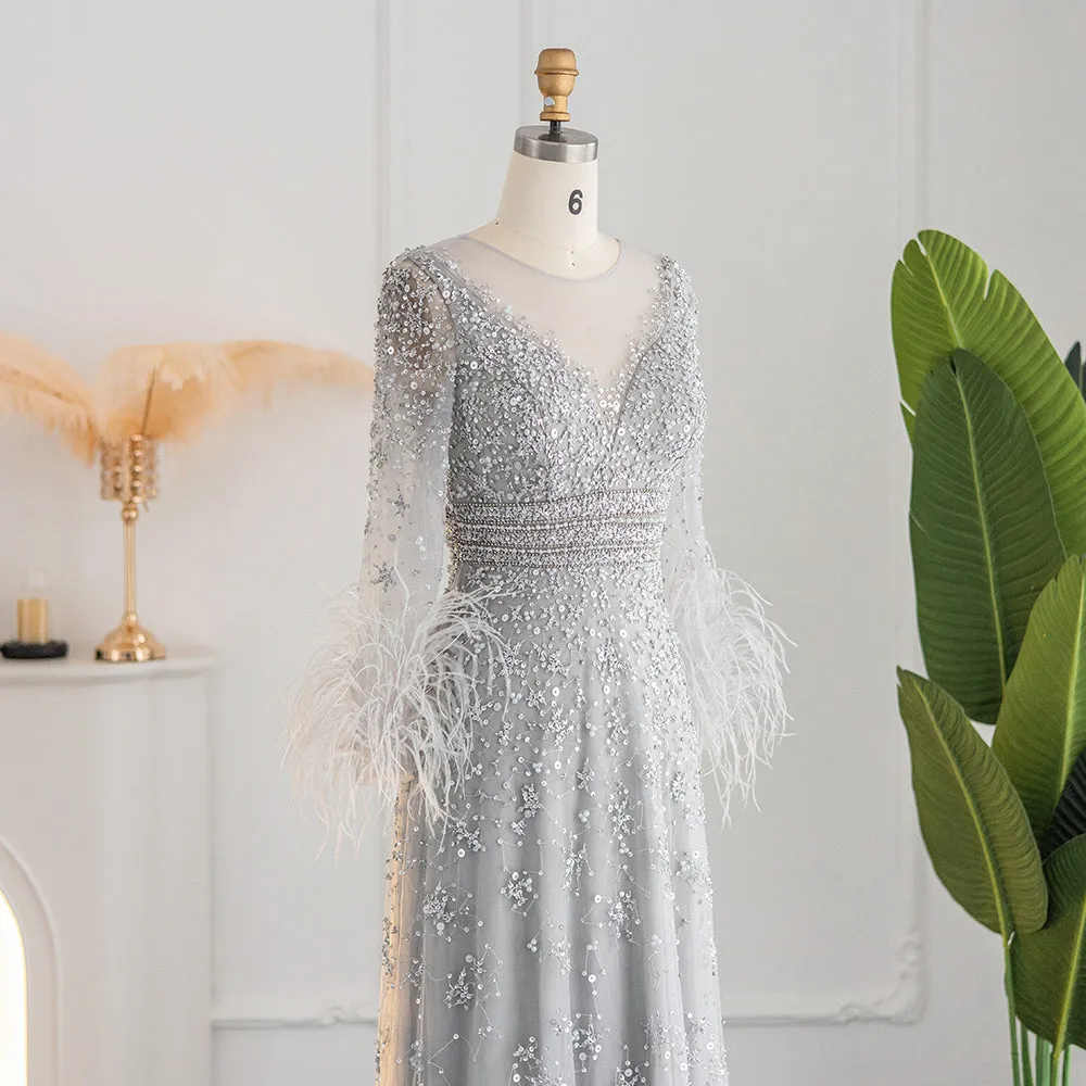 Luxury Champagne Feathers Long Sleeves Evening Dress SS101