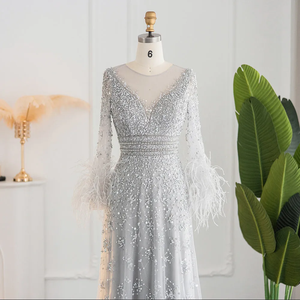 Luxury Champagne Feathers Long Sleeves Evening Dress SS101