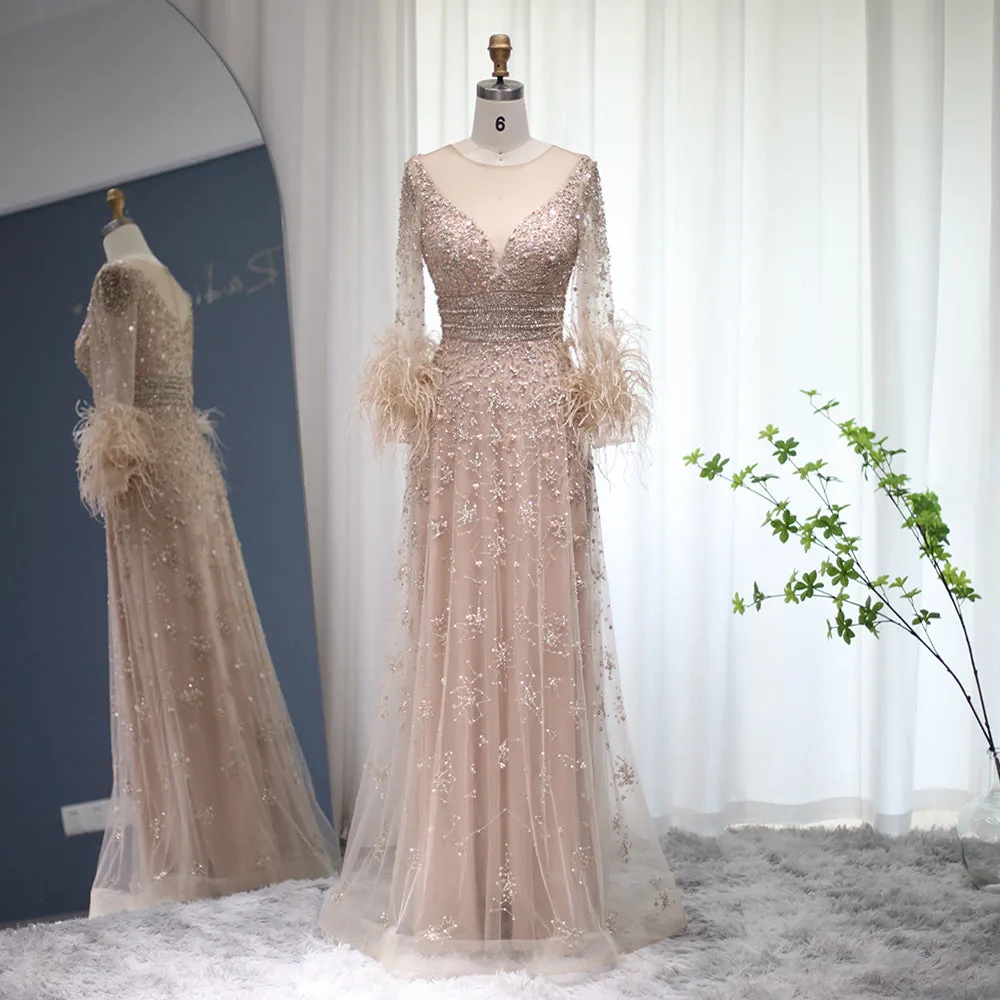 Luxury Champagne Feathers Long Sleeves Evening Dress SS101