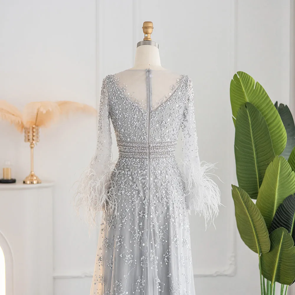 Luxury Champagne Feathers Long Sleeves Evening Dress SS101
