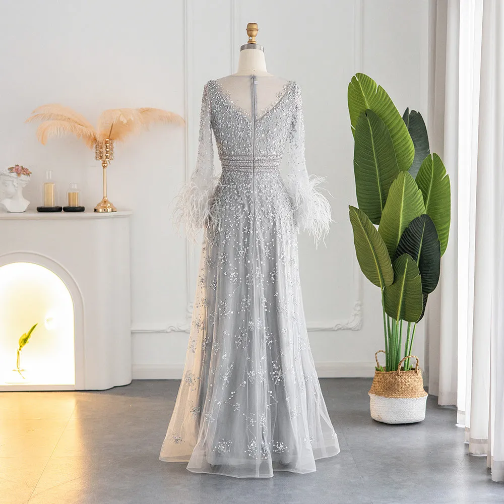 Luxury Champagne Feathers Long Sleeves Evening Dress SS101