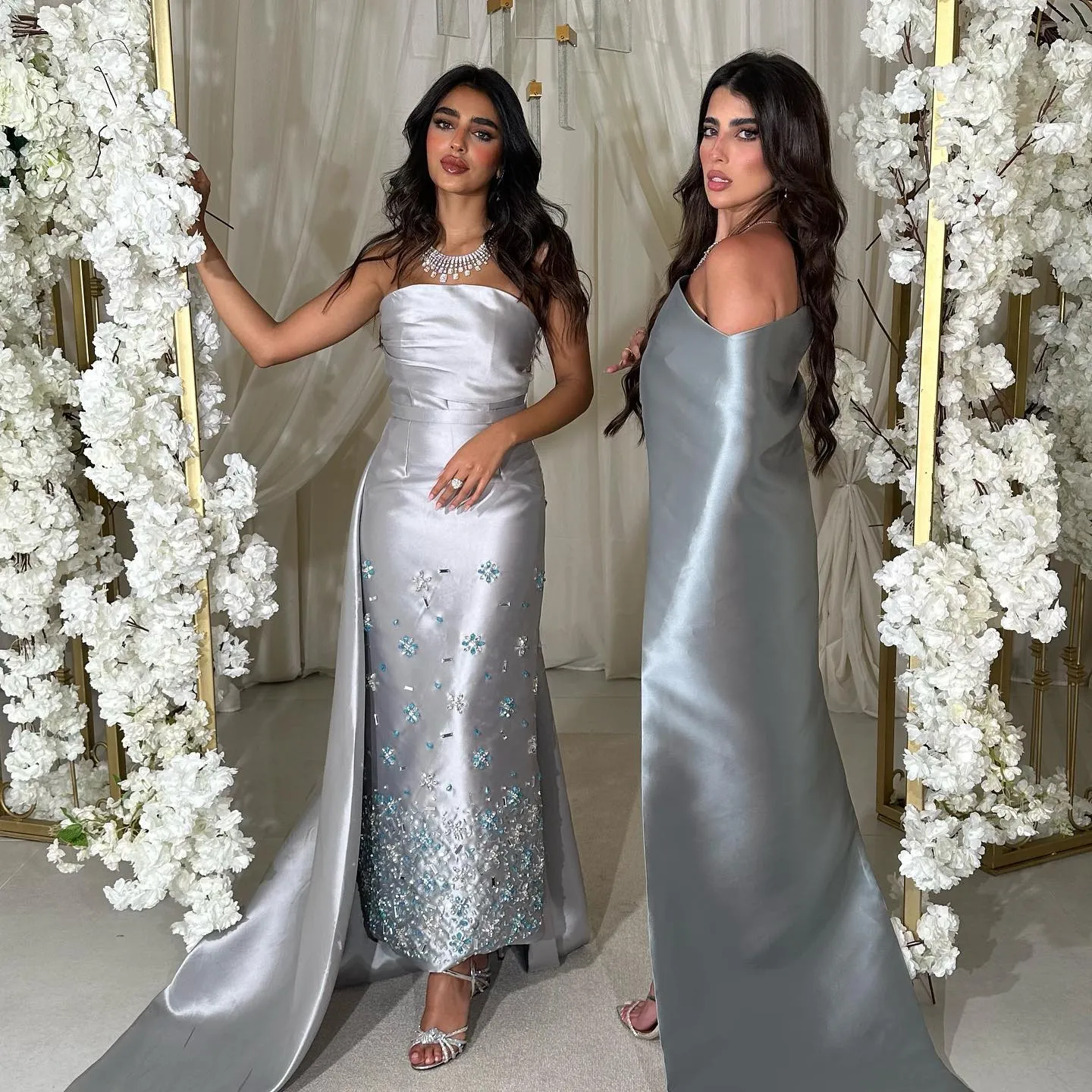Luxury Crystal Gray Ankle Length Evening Dress with Train SS415
