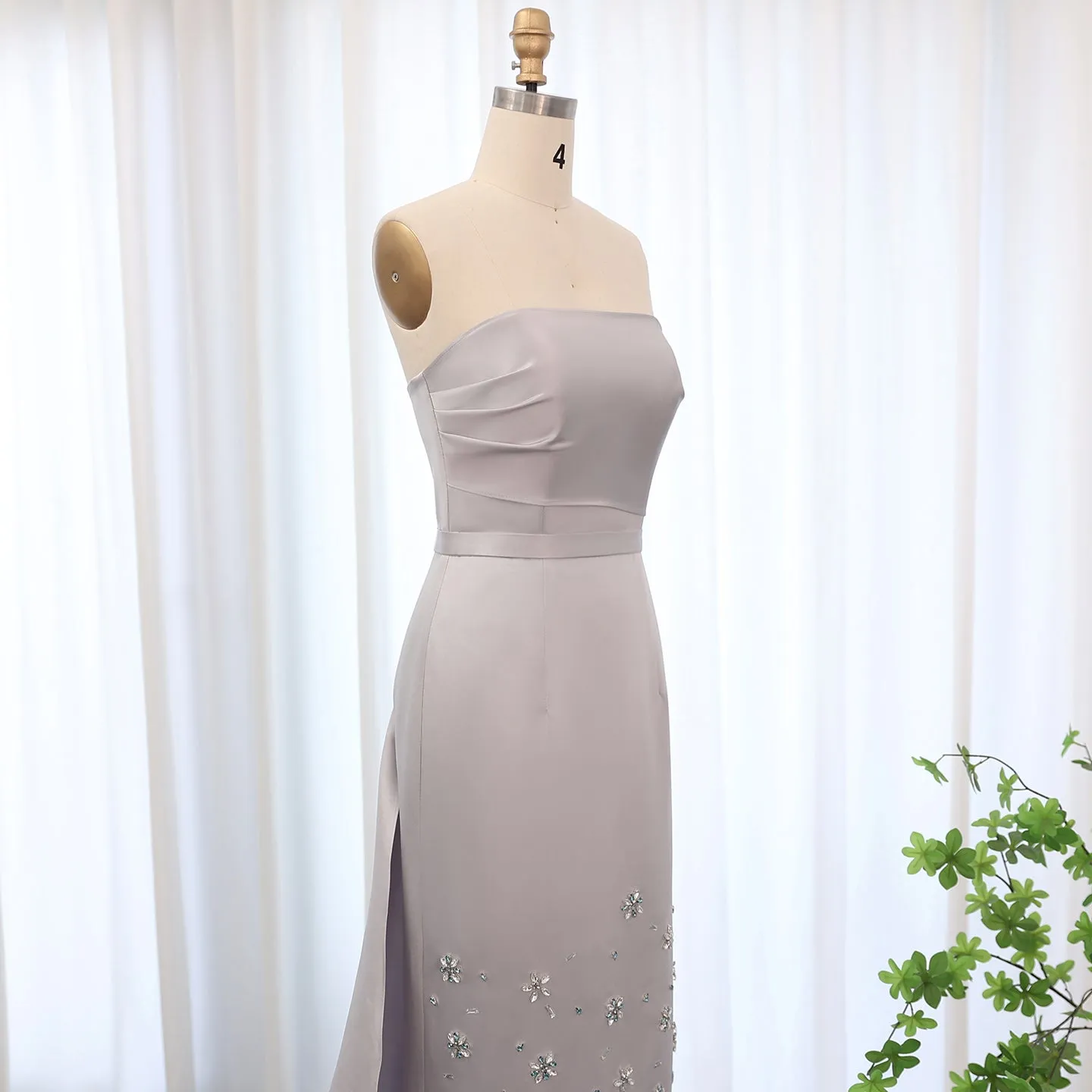 Luxury Crystal Gray Ankle Length Evening Dress with Train SS415