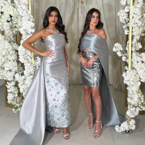 Luxury Crystal Gray Ankle Length Evening Dress with Train SS415