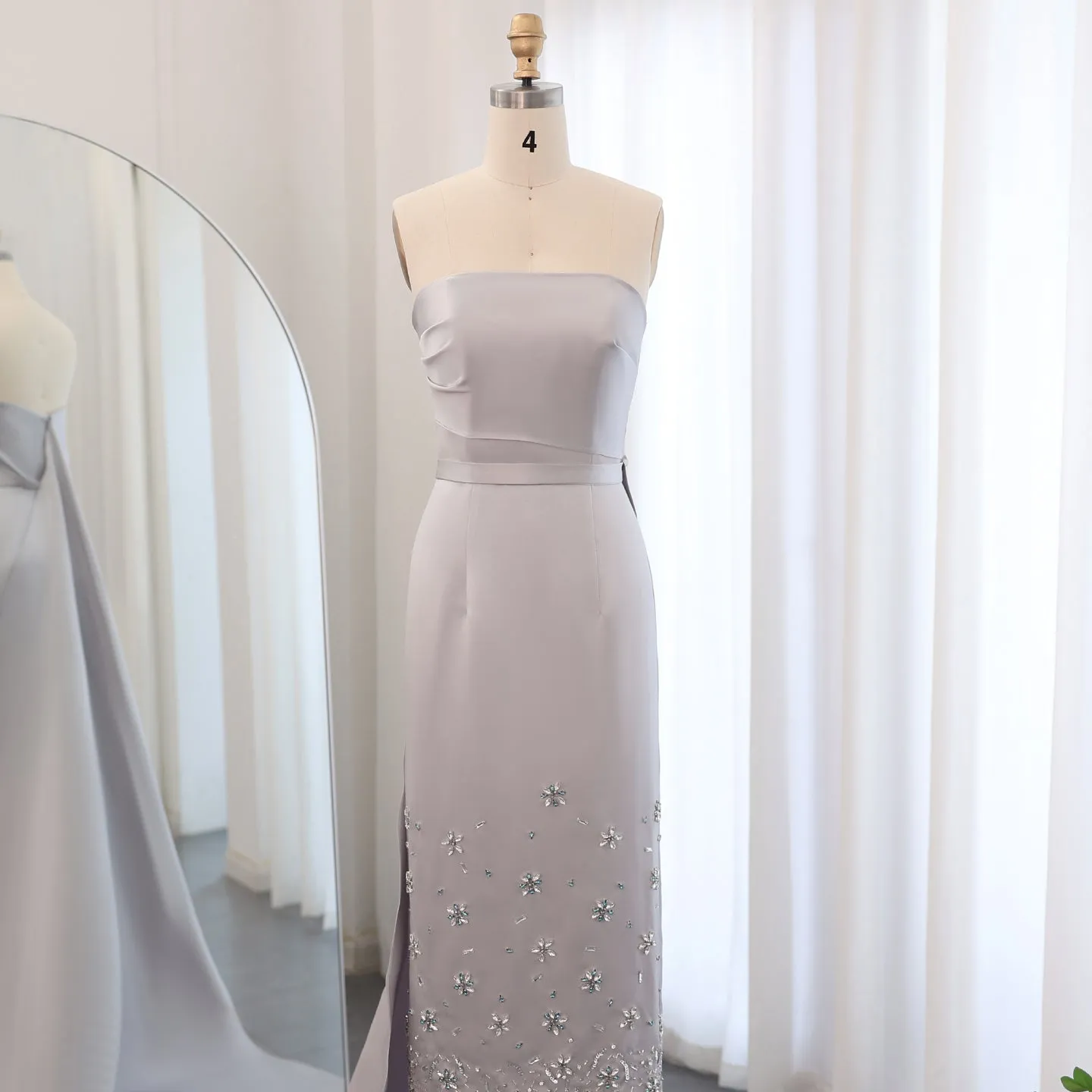 Luxury Crystal Gray Ankle Length Evening Dress with Train SS415