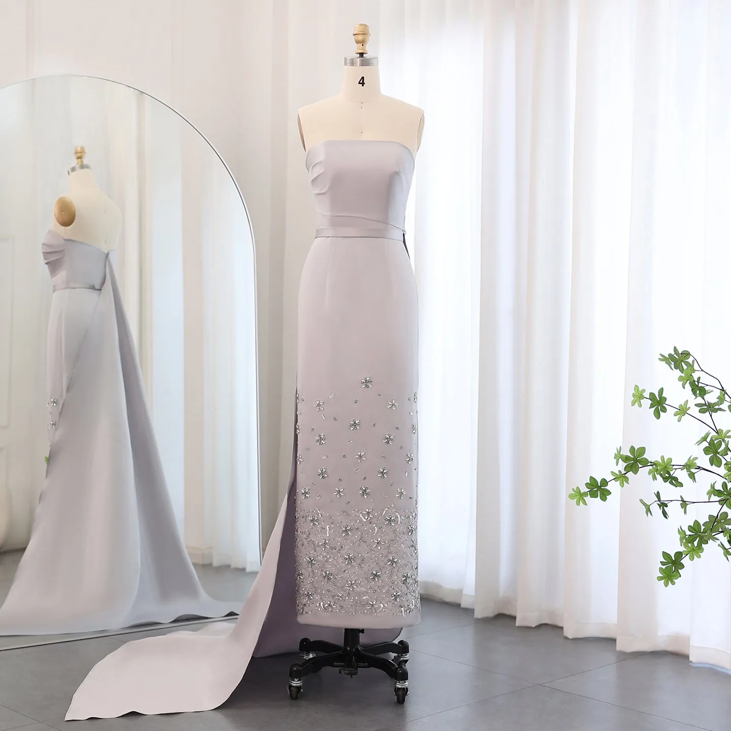 Luxury Crystal Gray Ankle Length Evening Dress with Train SS415