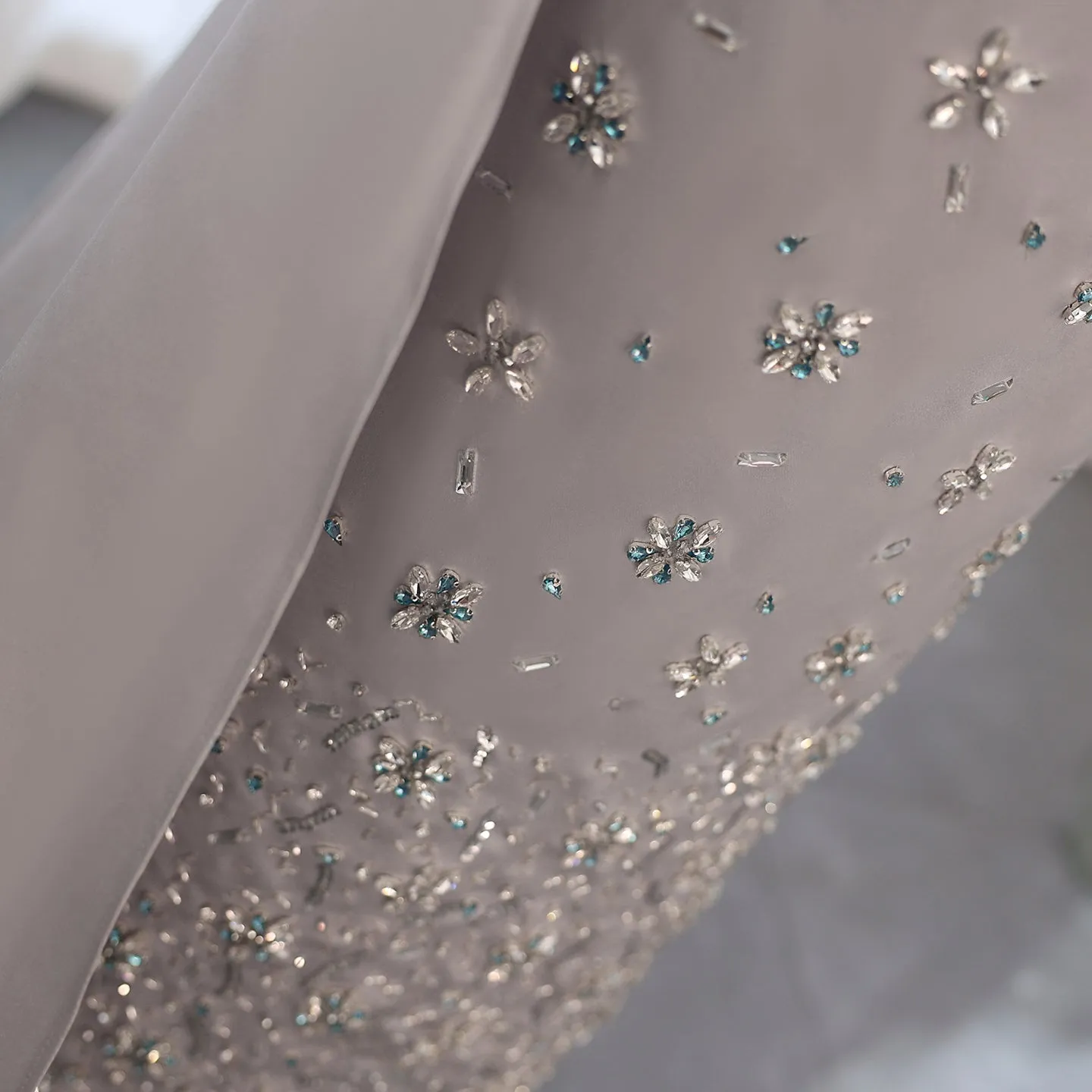 Luxury Crystal Gray Ankle Length Evening Dress with Train SS415