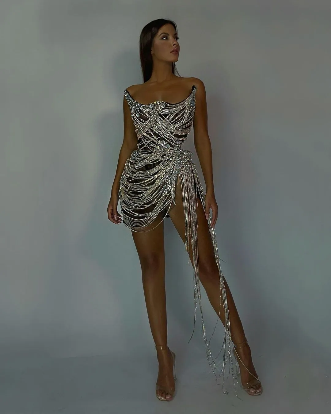 Luxury Crystal Tassels Strapless Short Cocktail Dress RM012