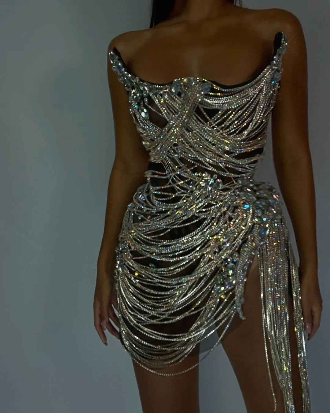 Luxury Crystal Tassels Strapless Short Cocktail Dress RM012