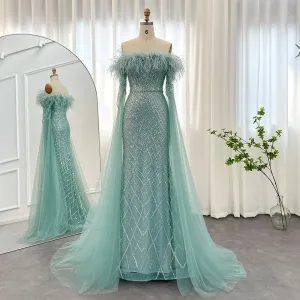 Luxury Feather Turquoise Evening Dress with Cape Sleeves SS261