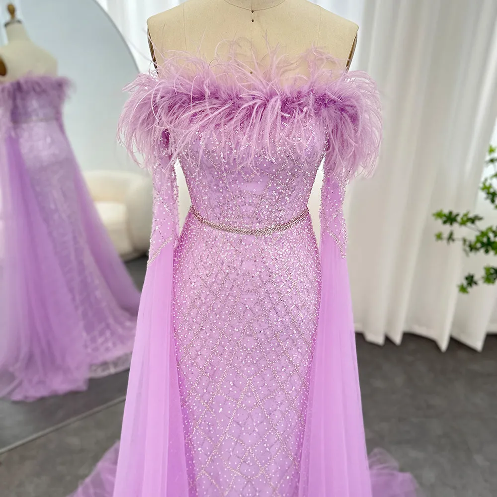 Luxury Feather Turquoise Evening Dress with Cape Sleeves SS261