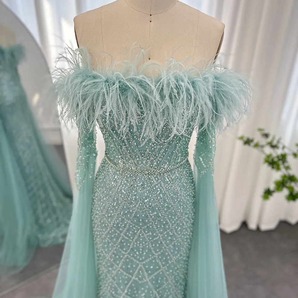 Luxury Feather Turquoise Evening Dress with Cape Sleeves SS261