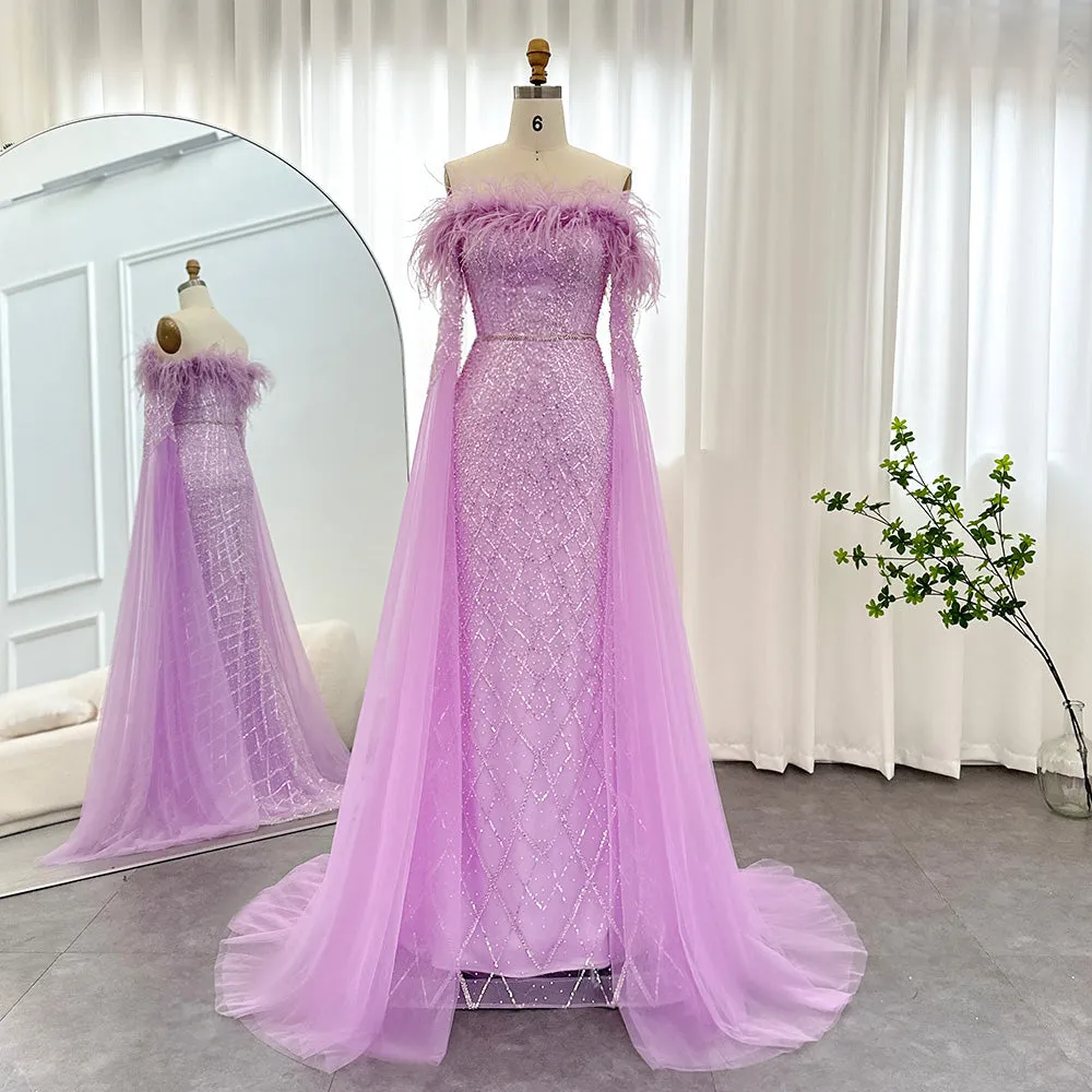 Luxury Feather Turquoise Evening Dress with Cape Sleeves SS261