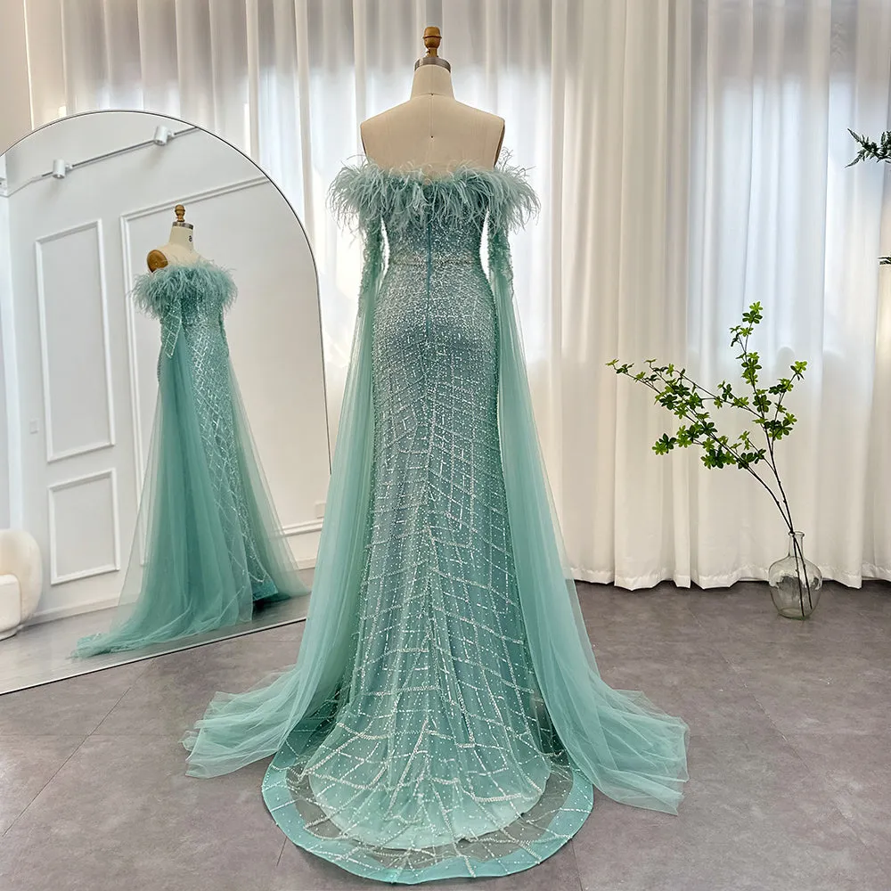 Luxury Feather Turquoise Evening Dress with Cape Sleeves SS261