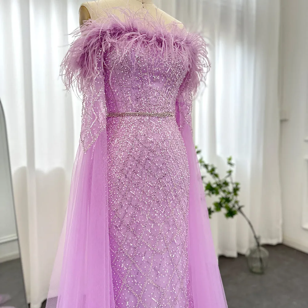 Luxury Feather Turquoise Evening Dress with Cape Sleeves SS261