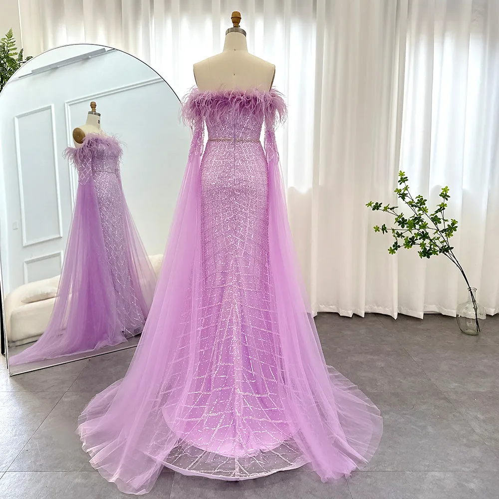 Luxury Feather Turquoise Evening Dress with Cape Sleeves SS261