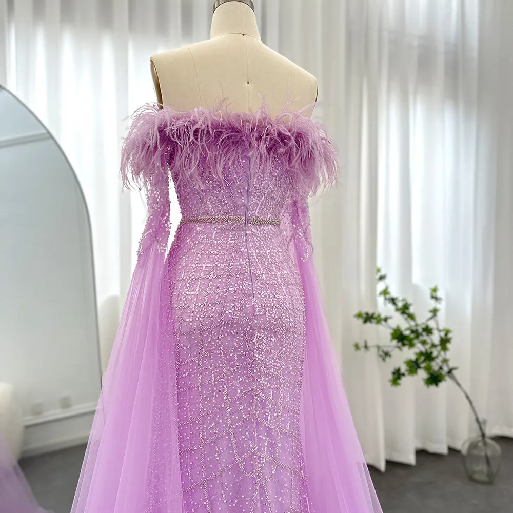 Luxury Feather Turquoise Evening Dress with Cape Sleeves SS261