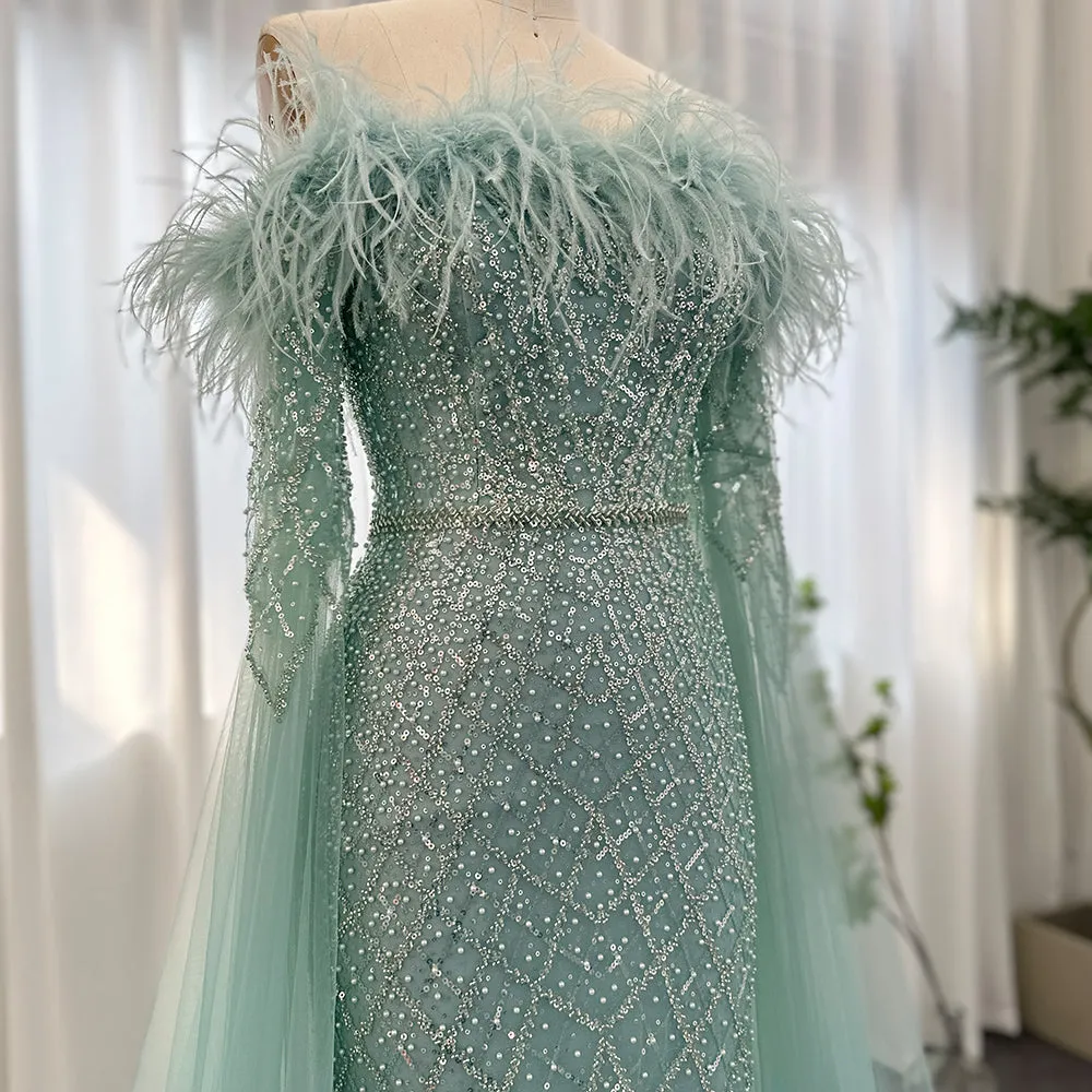Luxury Feather Turquoise Evening Dress with Cape Sleeves SS261