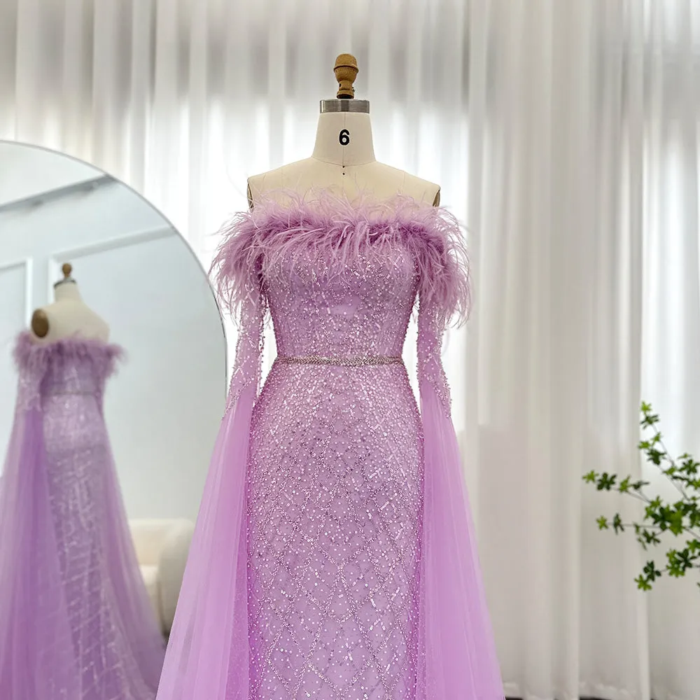 Luxury Feather Turquoise Evening Dress with Cape Sleeves SS261