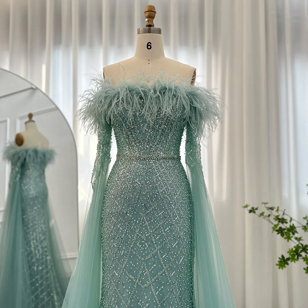 Luxury Feather Turquoise Evening Dress with Cape Sleeves SS261