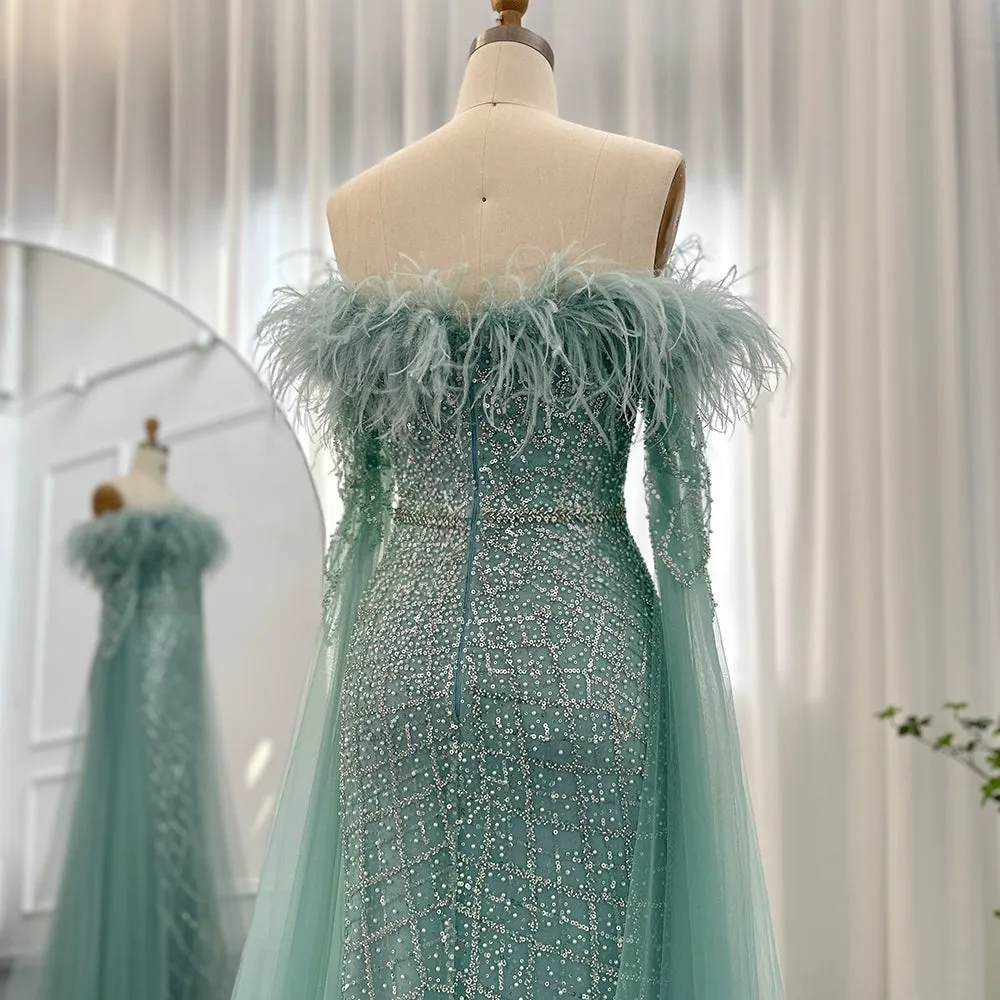 Luxury Feather Turquoise Evening Dress with Cape Sleeves SS261