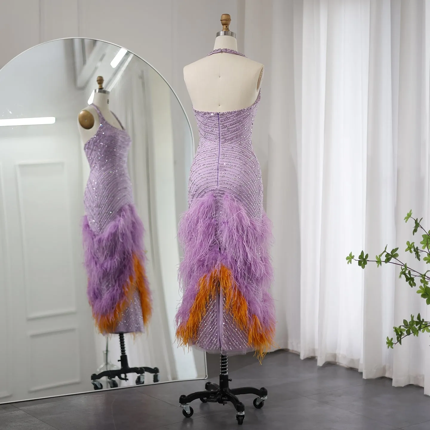 Luxury Feathers Lilac Halter Evening Dress SS473