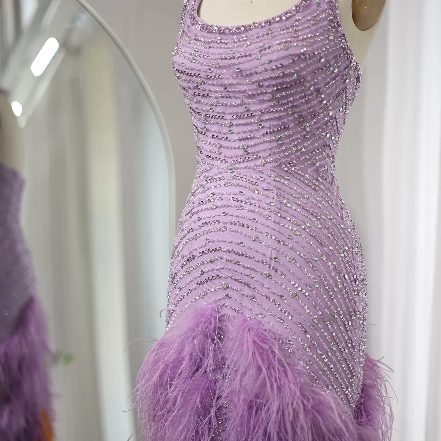 Luxury Feathers Lilac Halter Evening Dress SS473