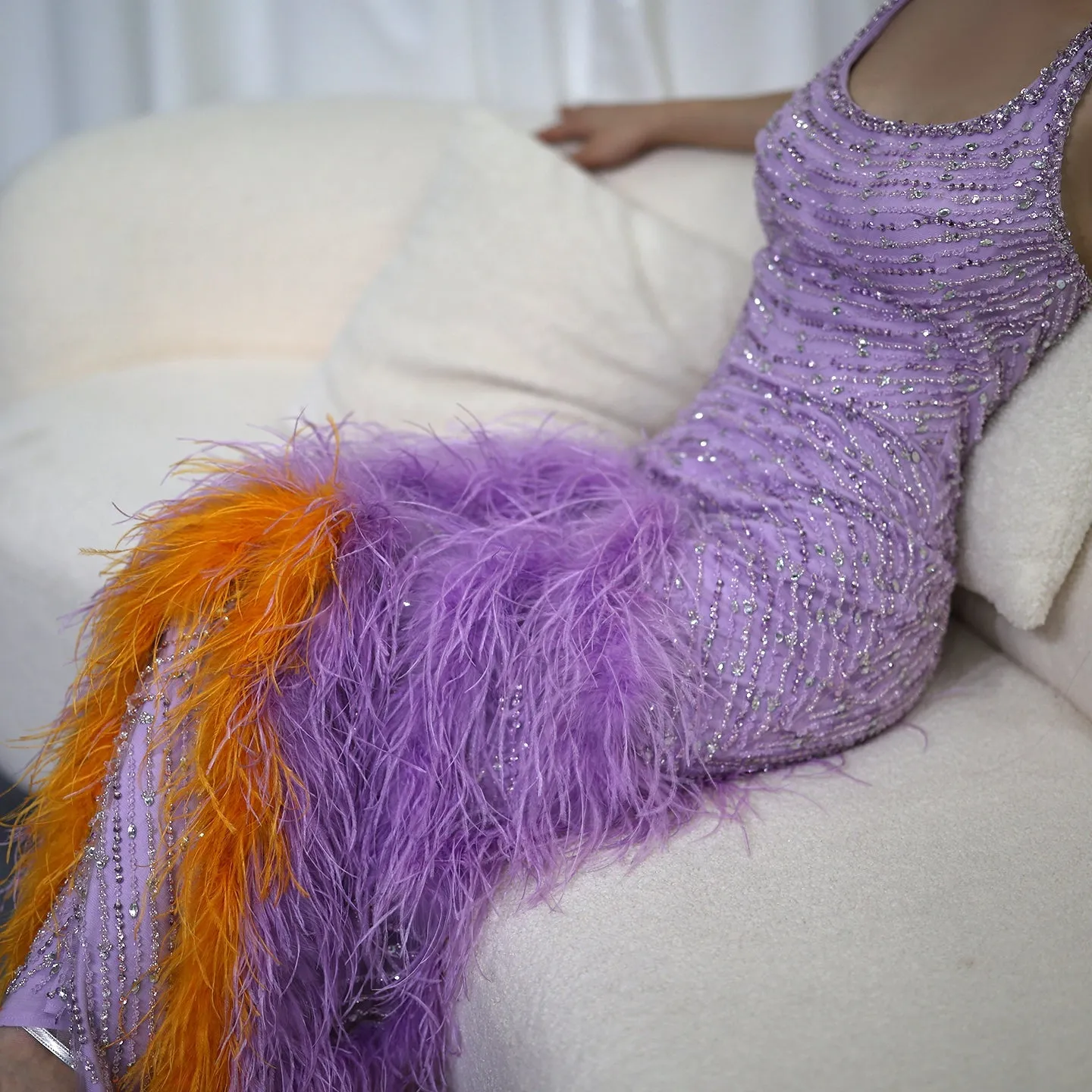 Luxury Feathers Lilac Halter Evening Dress SS473