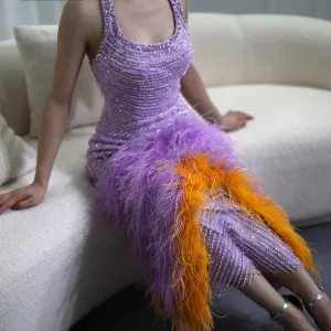 Luxury Feathers Lilac Halter Evening Dress SS473