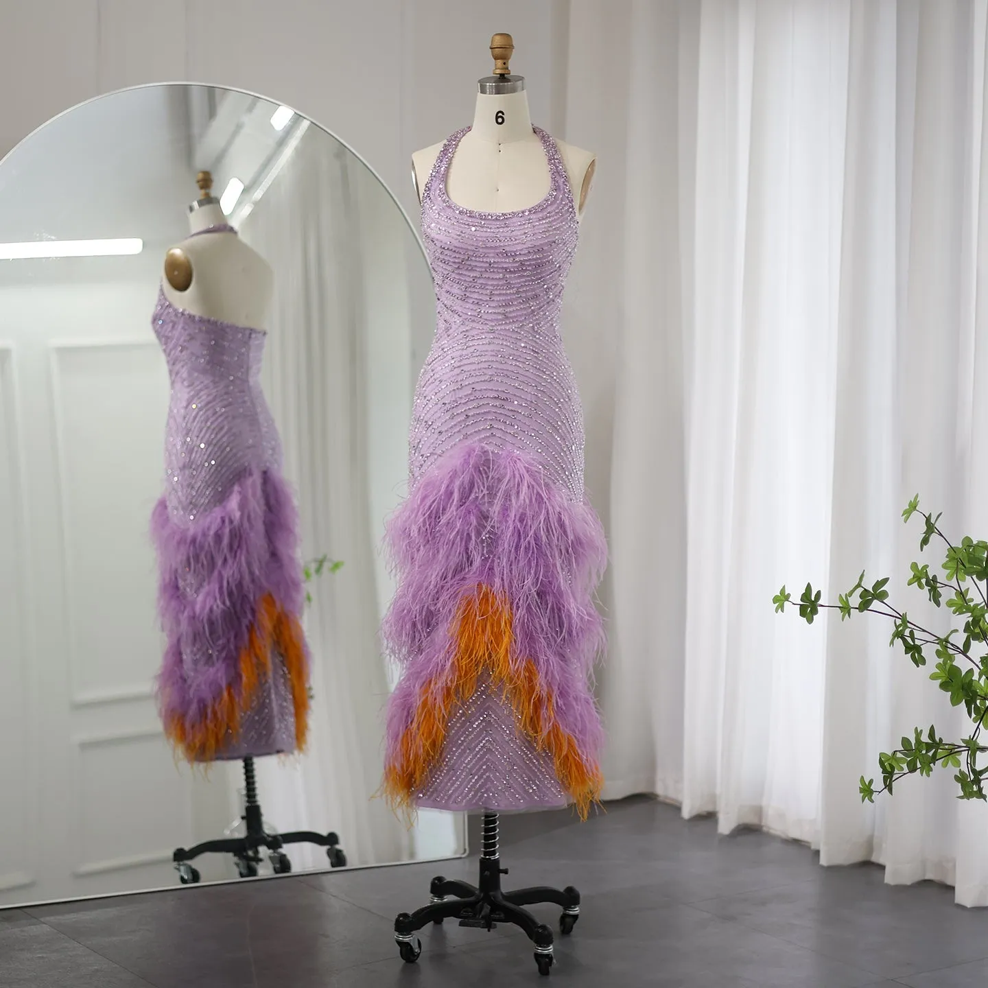Luxury Feathers Lilac Halter Evening Dress SS473