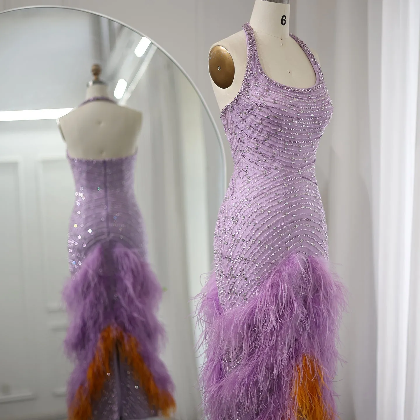Luxury Feathers Lilac Halter Evening Dress SS473