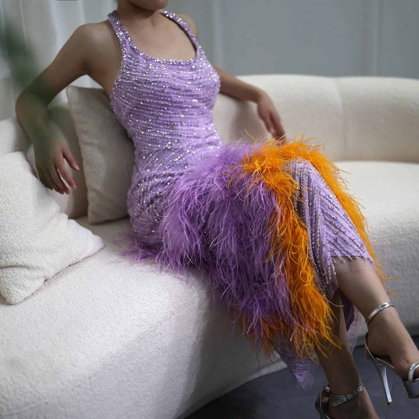Luxury Feathers Lilac Halter Evening Dress SS473