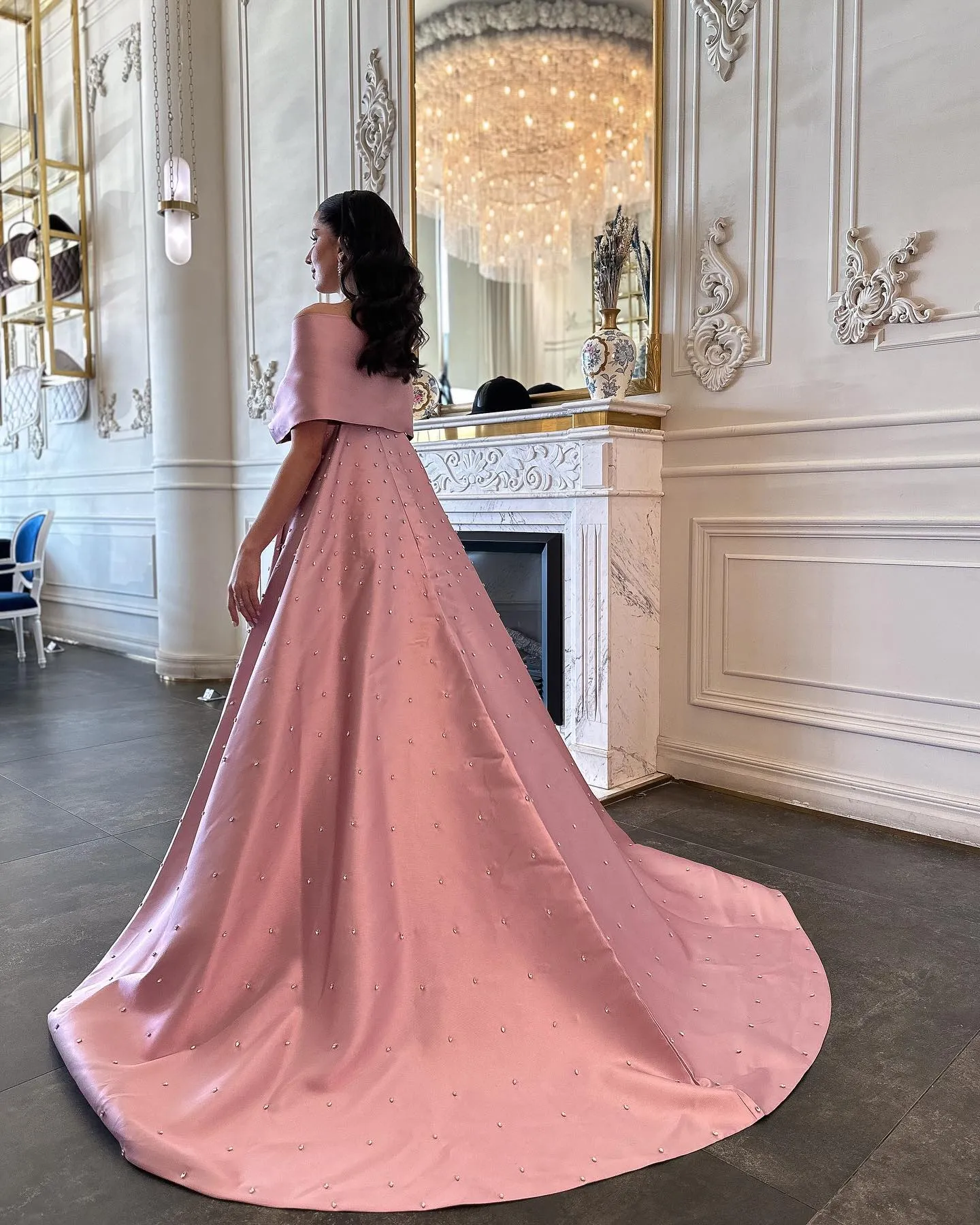 Luxury Pink Satin Off Shoulder Evening Dress SS481