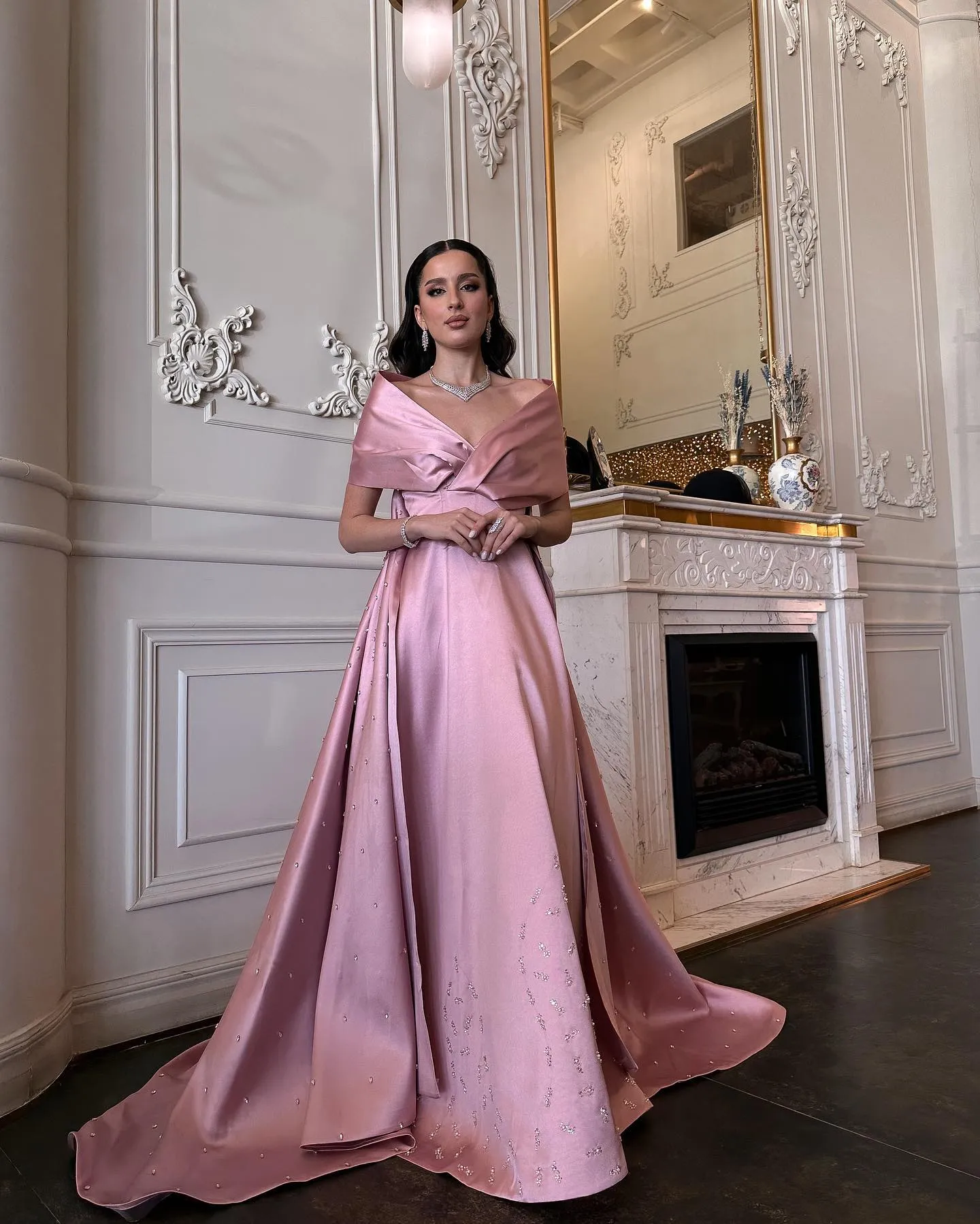 Luxury Pink Satin Off Shoulder Evening Dress SS481