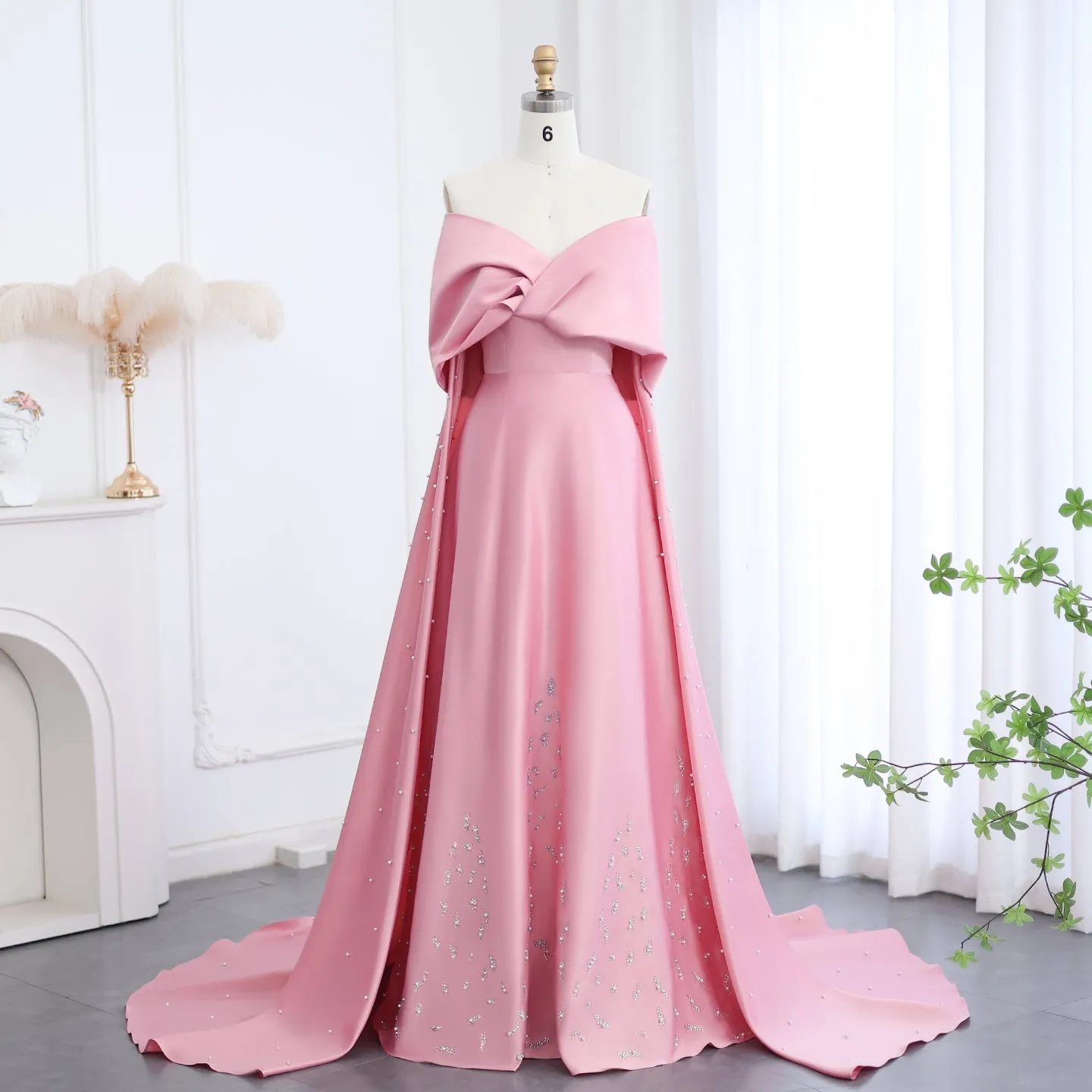 Luxury Pink Satin Off Shoulder Evening Dress SS481